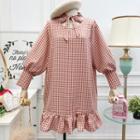 Ribbon-neckline Ruffled-hem Plaid A-line Dress