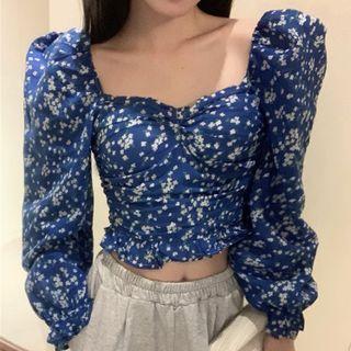 Floral Puff-sleeve Cropped Shirt Blue - One Size