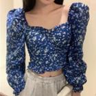 Floral Puff-sleeve Cropped Shirt Blue - One Size