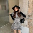 Long-sleeve Turtleneck T-shirt / Plaid Short-sleeve Mini A-line Dress