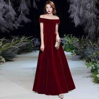 Short-sleeve Off-shoulder Velvet A-line Maxi Dress