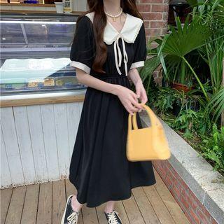 Short-sleeve Contrast Trim Peter Pan Collar Bow Accent Dress