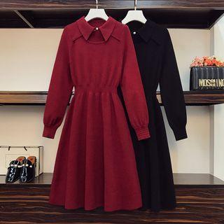 Long-sleeve Collared Plain Knit A-line Dress