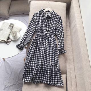 Plaid Tie Neck A-line Chiffon Dress
