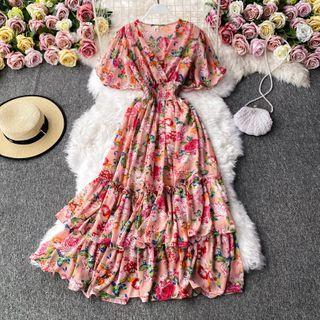 V-neck Floral Print Bell-sleeve Dress