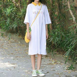 3/4-sleeve Letter Collared Midi Dress