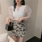 Puff-sleeve Polka Dot Blouse / High-waist Furry Skirt