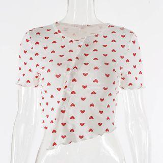 Short-sleeve Heart Print Irregular Crop Top