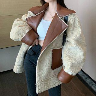 Faux Leather Fleece-lined Button-up Jacket Camel - One Size
