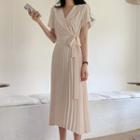 Short-sleeve Pleated Midi A-line Wrap Dress