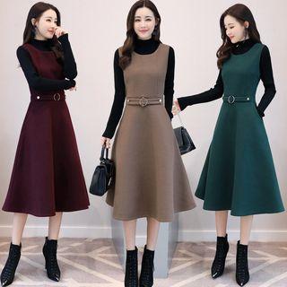 Set: Long-sleeve Knit Top + A-line Tank Dress