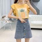 Short-sleeve Printed Ruffled T-shirt / Buttoned A-line Mini Denim Skirt