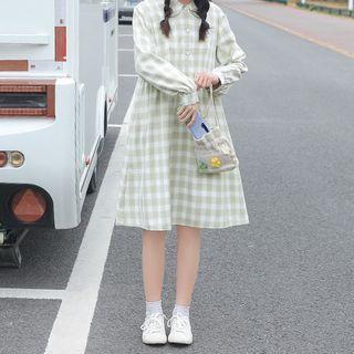 Printed Gingham Long-sleeve Midi Dress