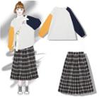 Color Block Pullover / Plaid A-line Midi Skirt