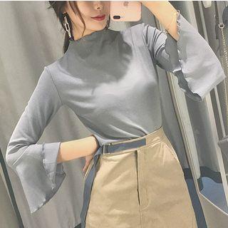 3/4-sleeve Frill-trim Mock Neck Top