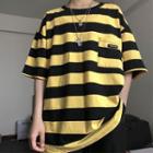 Striped Elbow-sleeve Pocket T-shirt