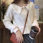 Lace Trim Collared Half-button Long-sleeve Top