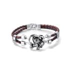 Simple Personality Elephant Black Brown Double Layer Leather Bracelet Silver - One Size
