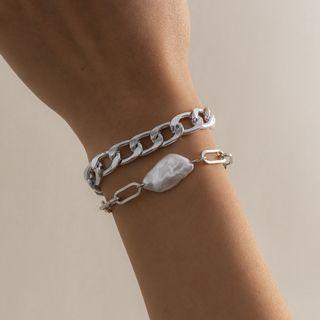 Set Of 2: Faux Pearl Chunky Chain Bracelet