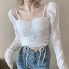 Long-sleeve Drawstring Lace Cropped Blouse