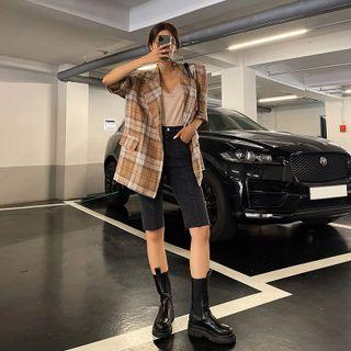 Elbow-sleeve Plaid Linen Blazer