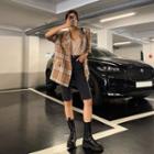 Elbow-sleeve Plaid Linen Blazer