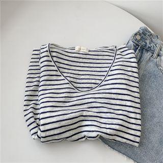 Short-sleeve V-neck Striped T-shirt Stripes - Black & White - One Size