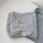 Short-sleeve V-neck Striped T-shirt Stripes - Black & White - One Size