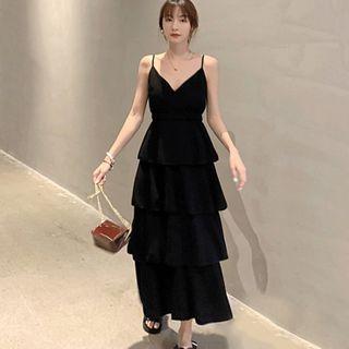 Spaghetti-strap Layered Maxi A-line Dress