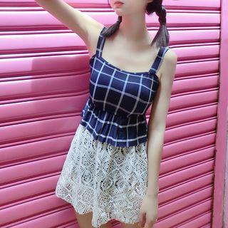 Set: Check Tankini Top + Swim Shorts + Lace Skirt