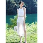Set: Sleeveless Swimsuit + Mesh Cover-up Skirt