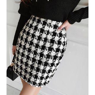 Band-waist Checked Mini Tweed Skirt