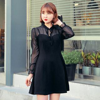 Long-sleeve Tie-front Color-block A-line Dress