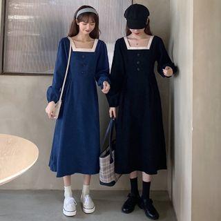 Puff-sleeve Contrast Trim Square-neck Midi Dress
