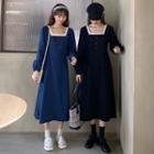 Puff-sleeve Contrast Trim Square-neck Midi Dress