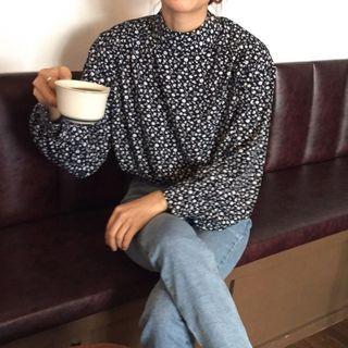 Mock Neck Floral Print Blouse As Shown In Figure - One Size