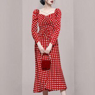 Long-sleeve Dotted Beaded Strap Midi Mermaid Dress