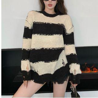 Striped Distressed Sweater Black & Beige - One Size