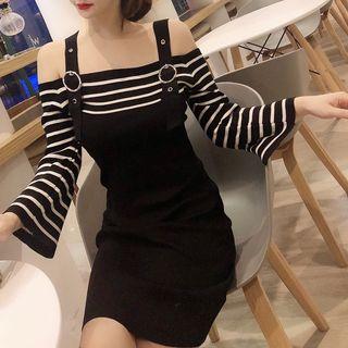 Long-sleeve Cold Shoulder Striped Panel Mini Sheath Dress Stripe - Black - One Size