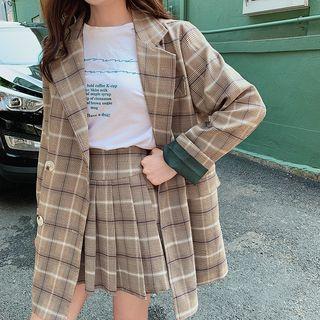 Plaid Double-breasted Blazer / Plaid Pleated A-line Mini Skirt