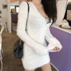 Furry Long-sleeve Mini Sheath Dress