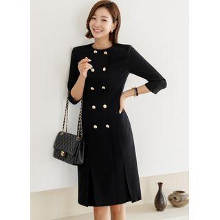 Metal-button Pleated Midi Sheath Dress