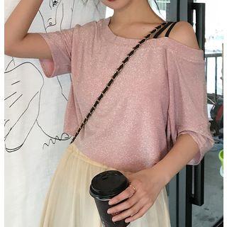 One Shoulder Glittered Short Sleeve Top