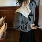 Peter Pan-collar Knit Sweater / Velvet Midi Skirt