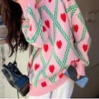 Heart Print Argyle Sweater Pink - One Size