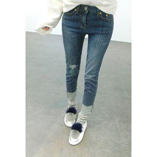 Turn-up Hem Distressed Straight-cut Jeans