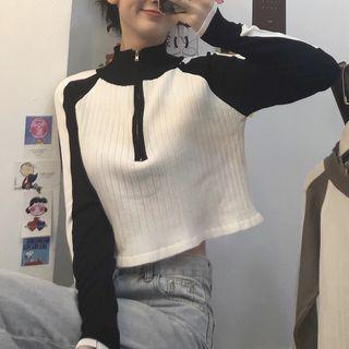 Long-sleeve Mock-neck Half-zip Color-panel Knit Top