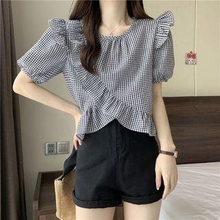 Short-sleeve Plaid Wood Ear Trim Asymmetrical Blouse