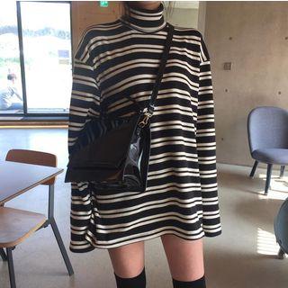 Long-sleeve Turtleneck Striped T-shirt Stripe - Black & White - One Size