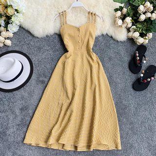 Plaid Midi Spaghetti Strap A-line Dress